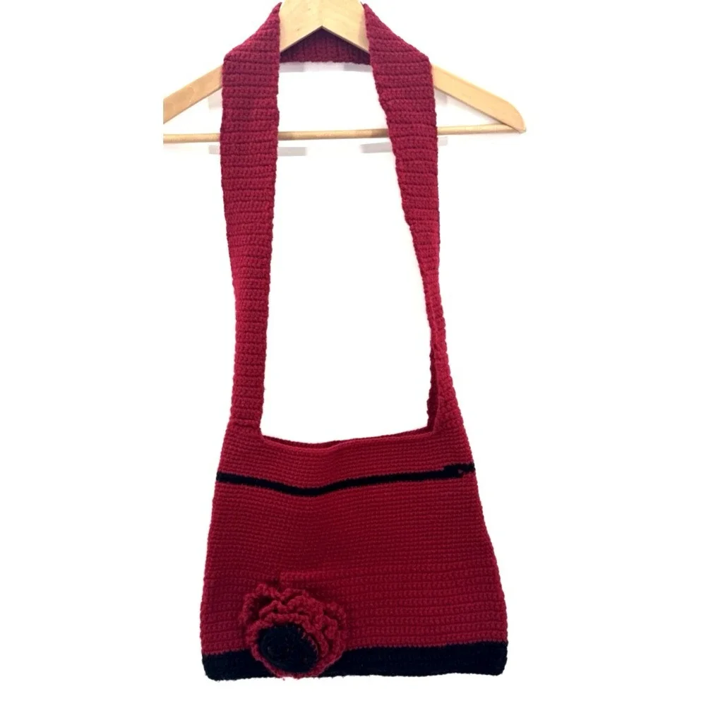 Handmade Womens Crossbody Burgundy Crochet Knit Hobo Bag 3D Rose Coquette Boho
